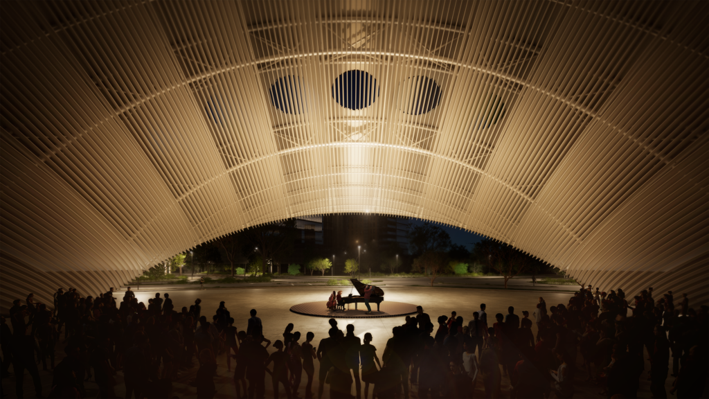 Rendering of “Arco del Tiempo” at night, courtesy of artist Riccardo Mariano and the Land Art Generator Initiative.