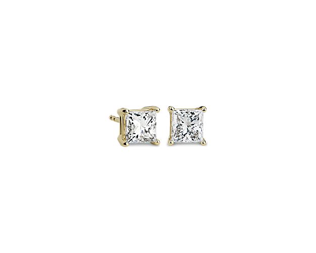 Princess Diamond Stud Earrings In 14k Yellow Gold