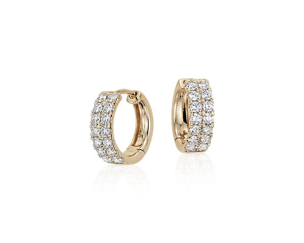 Double Row Diamond Huggie Hoop Earrings In 14k Yellow Gold