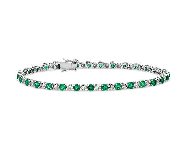 Alternating Size Emerald And Diamond Bracelet In 14k White Gold