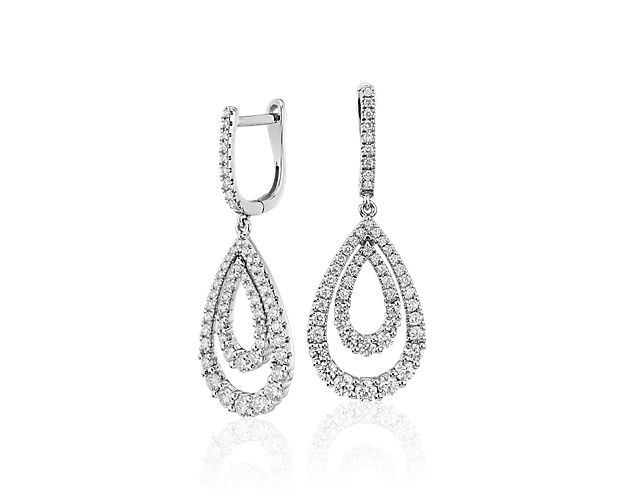 Diamond Open Teardrop Graduated Earrings In 14k White Gold