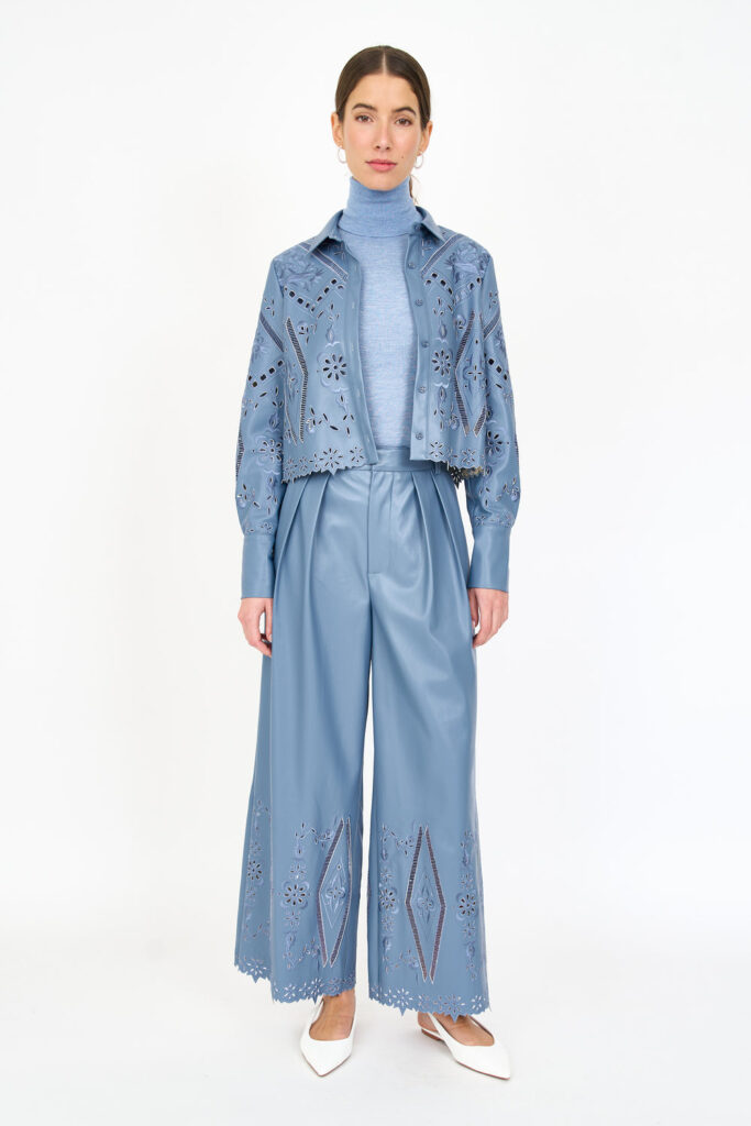 Christy Lynn vegan leather ensembles in the fall collection. (Photo by Jordan Geibel)