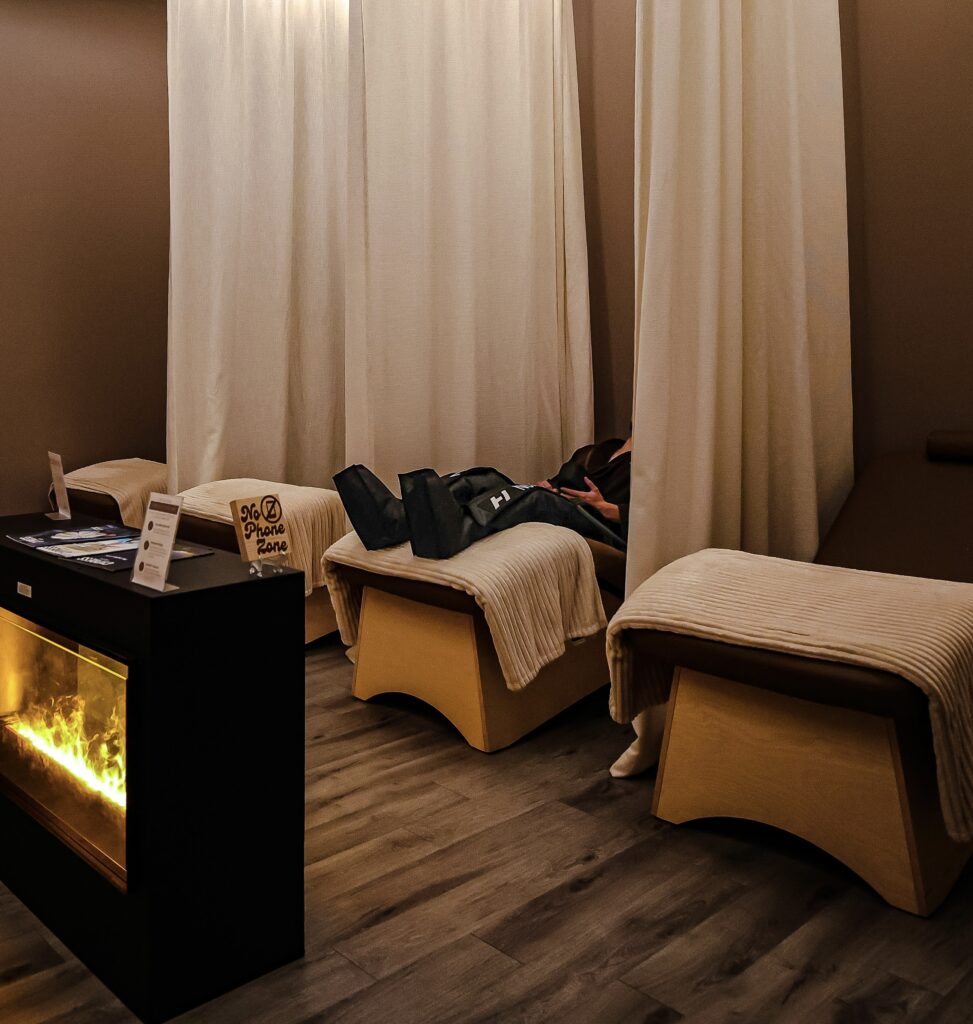 Slip your legs into these toe-to-thigh Normatec boots, a 30-minute compression therapy that can increase circulation and move the lymphatic .. It’s an optional add-on to a facial or massage. (Photo by Courtesy of Escape Spa)