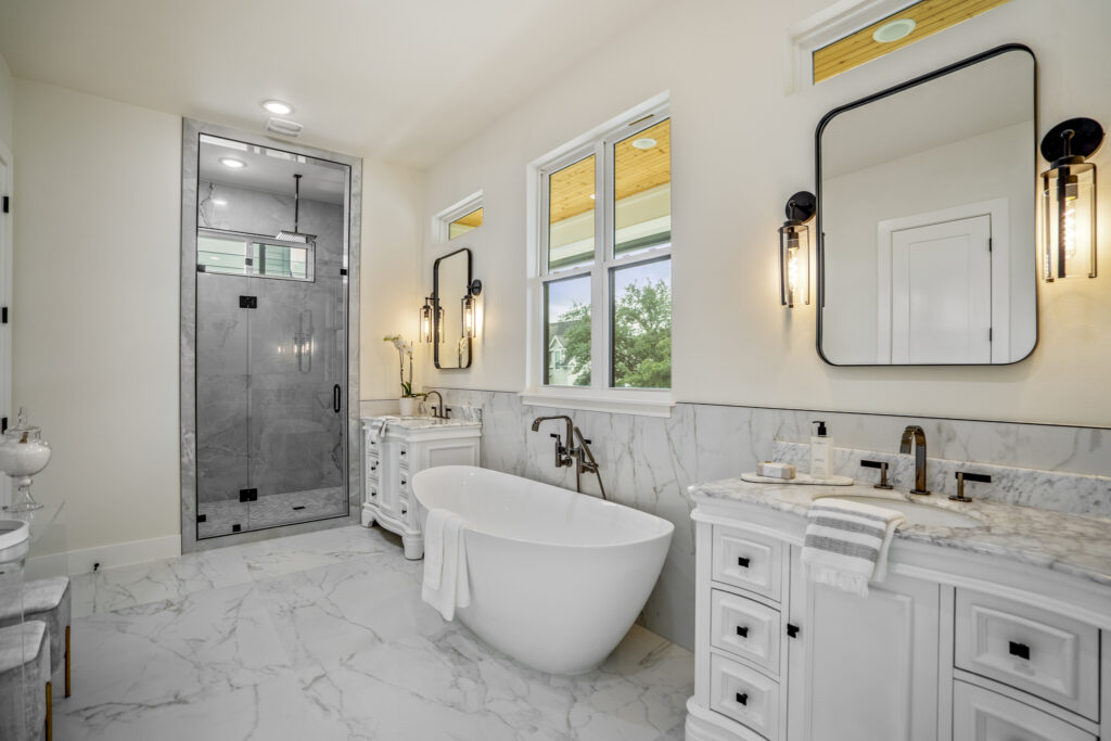 The primary bath in the home at 951 Byrne Street in Houston's Woodland Heights neighborhood.