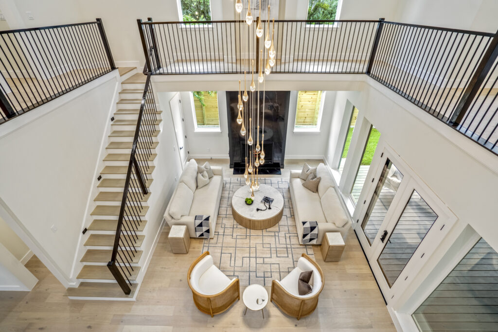 Double height ceiling in the main living are of 951 Byrne Street in Houston's Woodland Heights neighborhood.