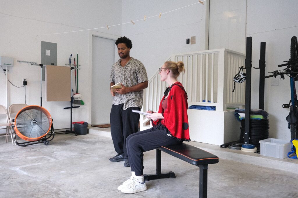 Rehearsals of "Sweet Trip" by Lily Afghani, featuring Jaden Madgett as Beetle and Rebecca Lembcke as Ladybug (Photo by Saranna Zhang)