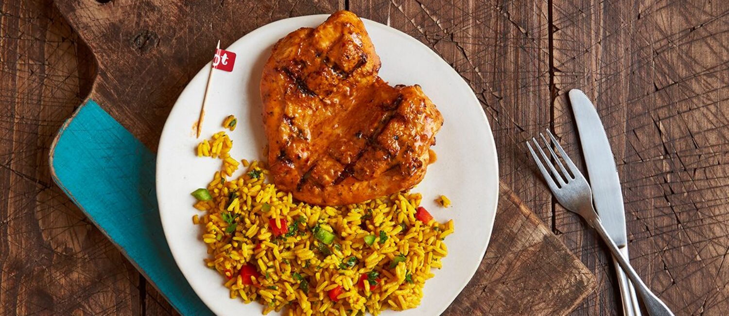 Flame-grilled Butterfly Chicken Breast with Portuguese Rice and Macho Peas