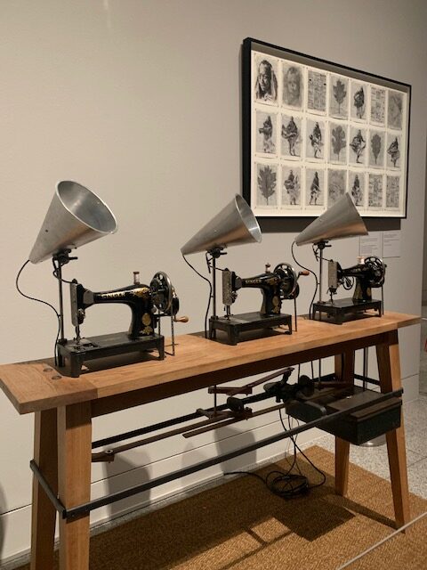 William Kentridge's "Singer Trio," 2019. This work was constructed using Singer sewing machines, four breast drills, antique wood rulers, mild steel, aluminum, wood, and electronics. The audio composition is credited to Nhlanhla Mahlangu. Sound design by Gavan Eckhart. Technical design and construction by Chris-Walo de Wet and Jacques van Staden. Software design by Janus Fouché. (Photo by Ericka Schiche)