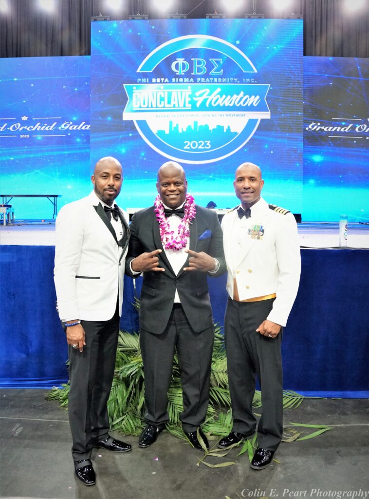 International president Chris V Rey, Phi Beta Sigma Houston representative Daniel Harris, NASA astronaut and Sigma member Victor Glover at the fraternity's international conference Grand Orchid Ball.