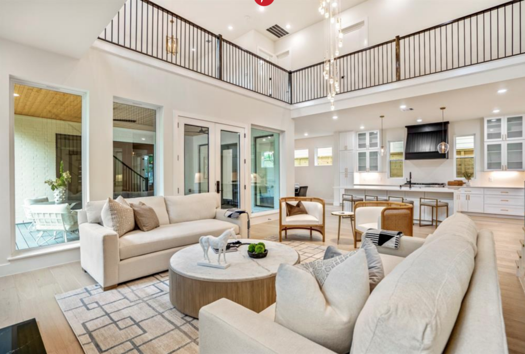 It's a double height ceiling in the main living area of 951 Byrne Street in Houston's Woodland Heights neighborhood.