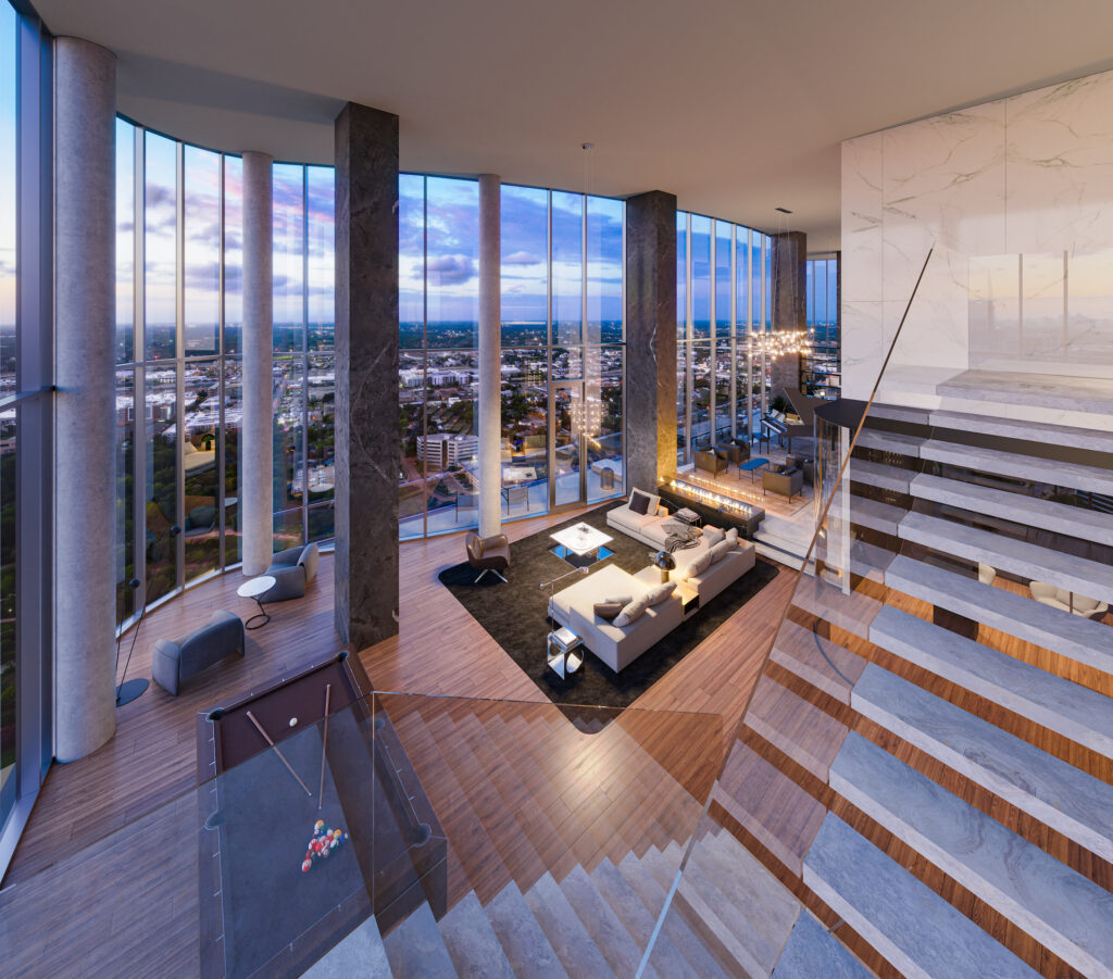 Renderings of Penthouse 3501 in Residences at The Allen as imagined by DC Partners founder and CEO Roberto Contreras and Chelsea Arrellano, DC Partners director of interiors.