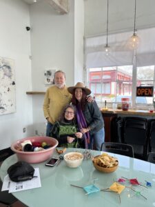 A typical Saturday in the Houston Heights: “Captain” Wayne Gilbert, featured artist Susan Plum, Catherine D. Anspon, at G Spot Contemporary Art Space, February 2023.