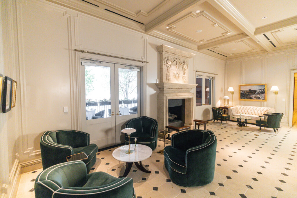 The lobby entrance was designed specifically around an imported antique mantel.  (Photo by Kathy Tran)
