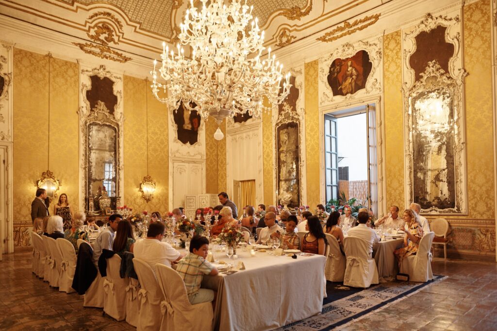 Chad Stubbs' celebration  Sicily included dinner in the grand ballroom of Palazzo Alliata which boasts an 18th century Murano glass chandelier with 99 arms, said to be the largest Murano chandelier ever made.  (Photo by Giuseppe Ippolito )