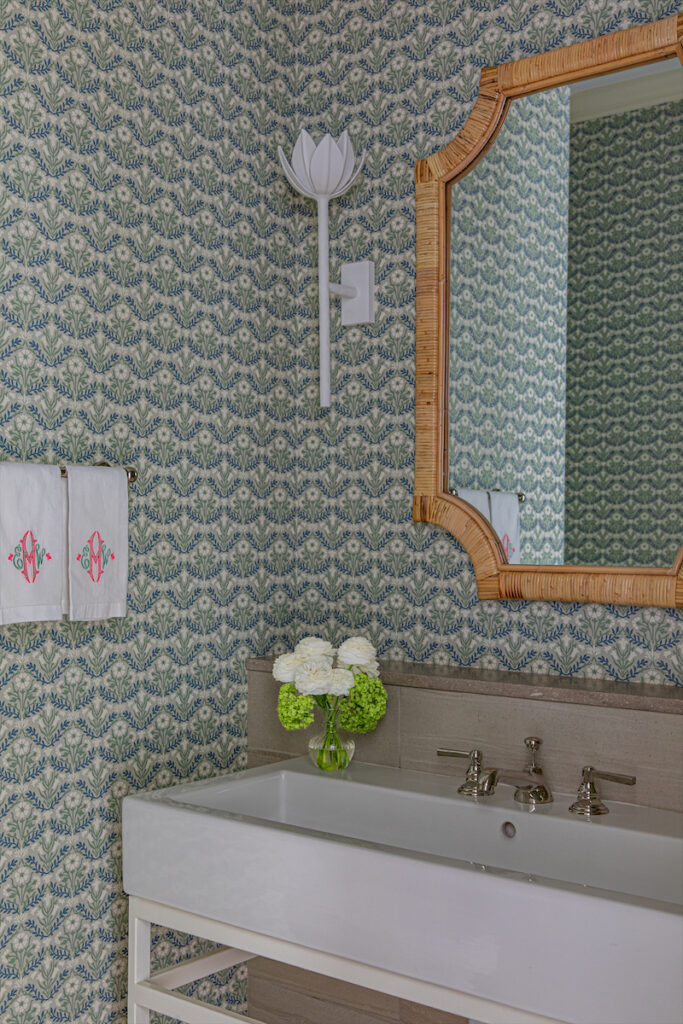 A wallpapered powder bath in Preston Hollow. (Photo by Emery Davis)