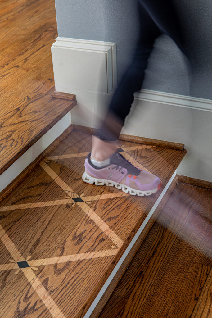A local Dallas artist drew a stylish stencil to help distinguish the once hazardous stair. (Photo by Emery Davis)