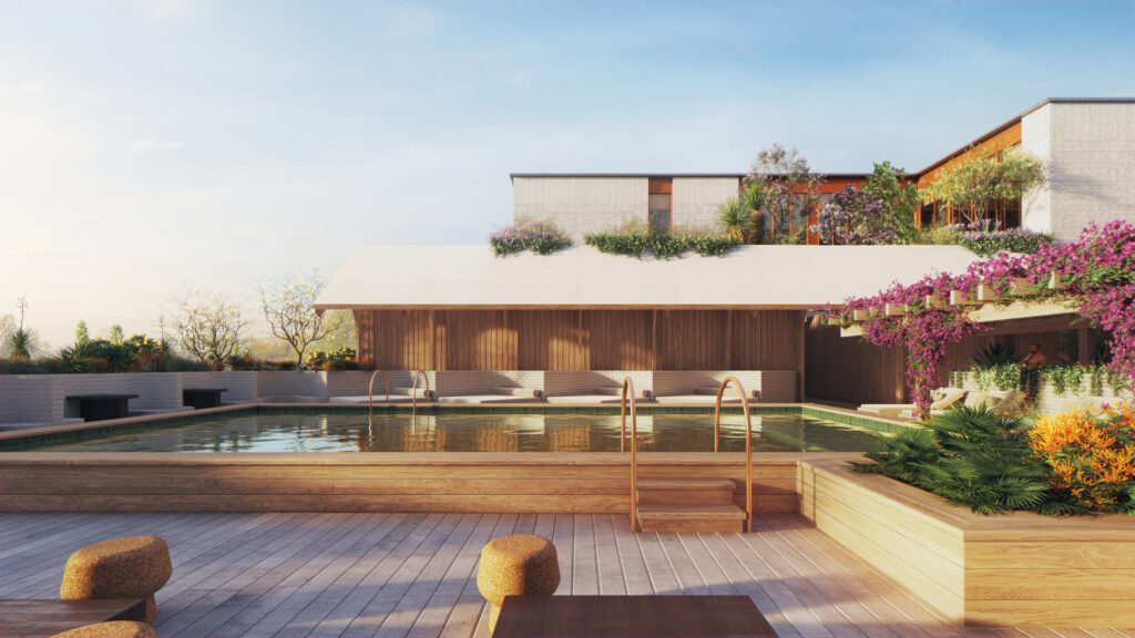 The hotel pool at the Sixth&Blanco mixed-use development in Austin's Clarksville neighborhood. (Renderings from Herzog & de Meuron ) 