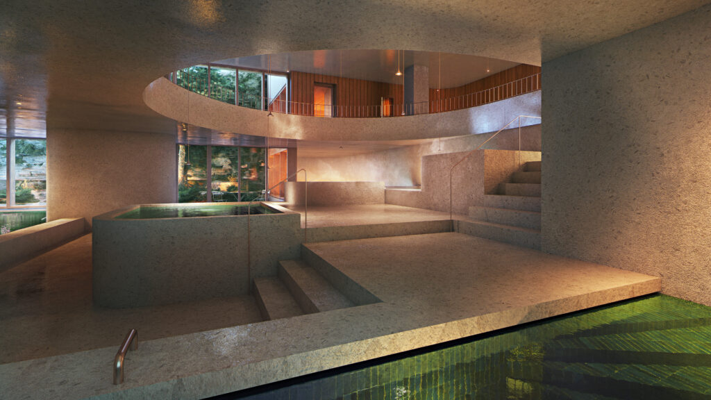 Lower level of the spa in the Sixth&Blanco mixed-use development in Austin's Clarksville neighborhood. The hotel deck at Sixth& Blanco mixed-use development in Austin's Clarksville neighborhood. (Renderings from Herzog & de Meuron ) 