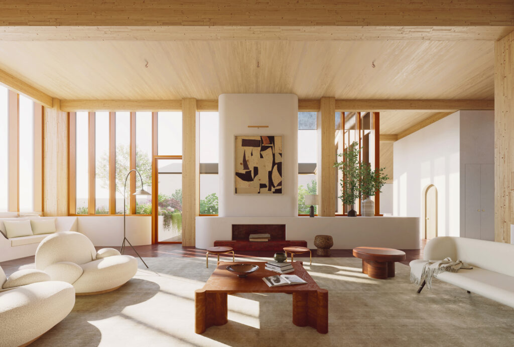 Livining room elevation for the Sixth&Blanco mixed-use development in Austin's Clarksville neighborhood. The hotel deck at Sixth& Blanco mixed-use development in Austin's Clarksville neighborhood. (Renderings from Herzog & de Meuron) 