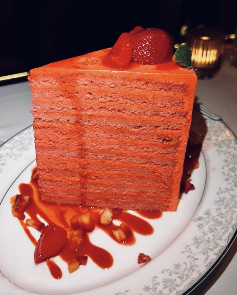 JoJo's strawberry 24 layer cake is $24 a slice at Drake's Hollywood in the Montrose. (Courtesy of Vandelay Hospitality)