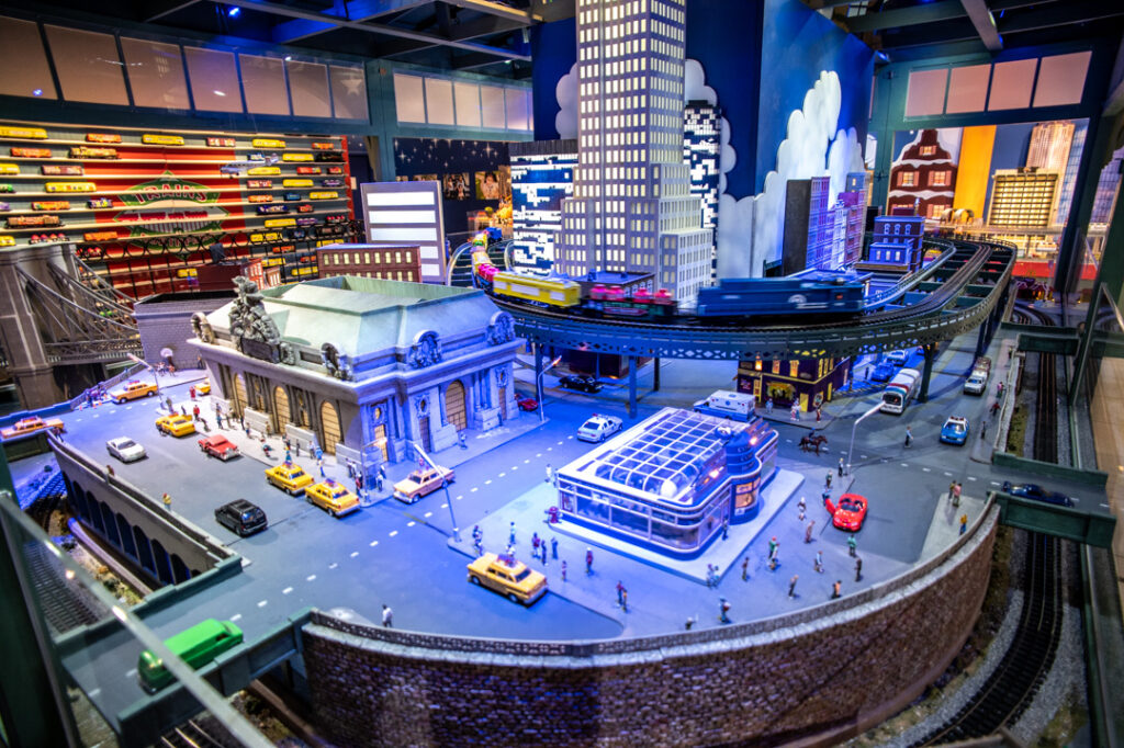 The Trains at NorthPark exhibit includes 1,600 feet of track rolling from coast to coast on a whimsical rail journey across America.