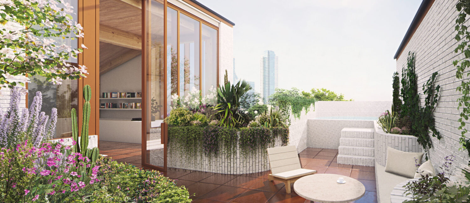 The great terrace one of the 10 luxury residences in the Sixth&Blanco mixed-use development in Austin’s Clarksville neighborhood.  (Renderings from Herzog & de Meuron)