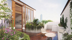 The great terrace one of the 10 luxury residences in the Sixth&Blanco mixed-use development in Austin’s Clarksville neighborhood.  (Renderings from Herzog & de Meuron)