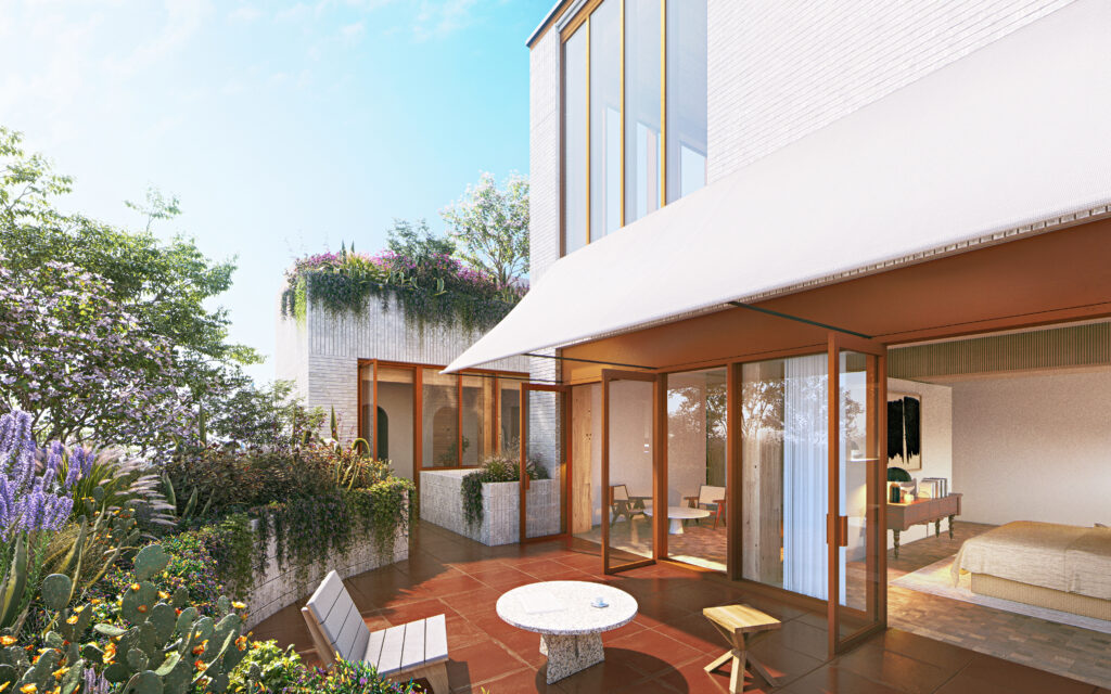 Primary bedroom terrace in one of only 10 luxury residences in the Sixth&Blanco mixed-use development in Austin's Clarksville neighborhood. (Renderings from Herzog & de Meuron ) 