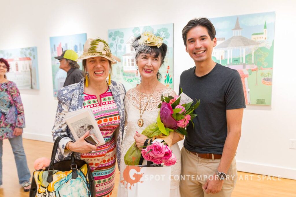 Another festive evening at the G: Catherine D. Anspon, Anne Reese-Hernandez, art goer, at Reese Hernandez's opening, July 2018. 