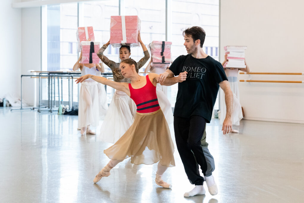 Houston Ballet Principals Melody Mennite as Dellmira and Connor Walsh as Enrique Reyes and artists of Houston Ballet rehearsing Annabelle Lopez Ochoa’s "Delmira"
(Photo by Lawrence Elizabeth Knox. Courtesy of Houston Ballet)