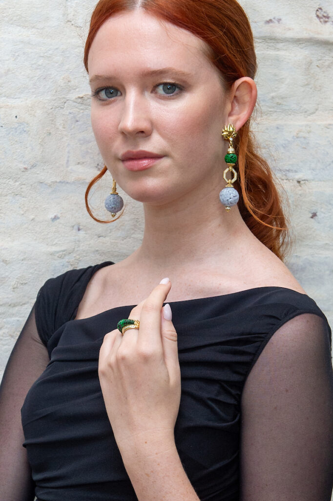 LAGOS Couture jade earrings and ring (Photo by Jacob Power)