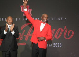 Pass rushing terror Simon Fletcher went into the Houston Hall of Honor with flair. (Photo by Eddy Matchette/Courtesy UH Athletics)