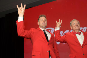 Case Keenum brought a number of his former teammates along for his UH Hall of Honor night. UH golf great Mike Booker (right) had a moment too. (Photo by Eddy Matchette/Courtesy UH Athletics)