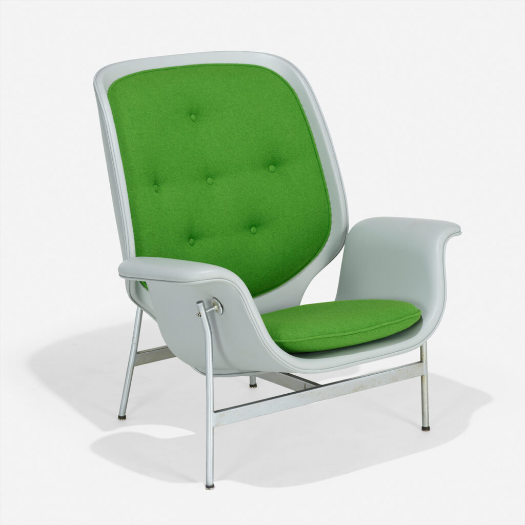 
George Nelson and Associates Kangaroo Chair, 1955 (leather, chrome-plated steel, wool upholstery)
