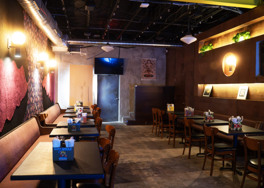 Housed in the former Kam’s Fine Chinese space on Montrose, you’ll still find one remnant of its former visage, its neon sign lit as a backdrop to the karaoke stage on the other side of this funky eatery. (Photo by Sergio Trevino)