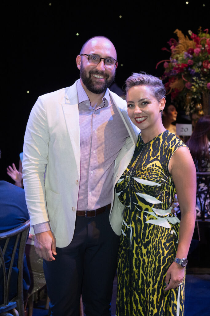 Nick Pierce, Victoria Gutierrez on stage at Wortham Theater Center for Houston Ballet's Opening Night Dinner. (Photo by Wilson Parish)