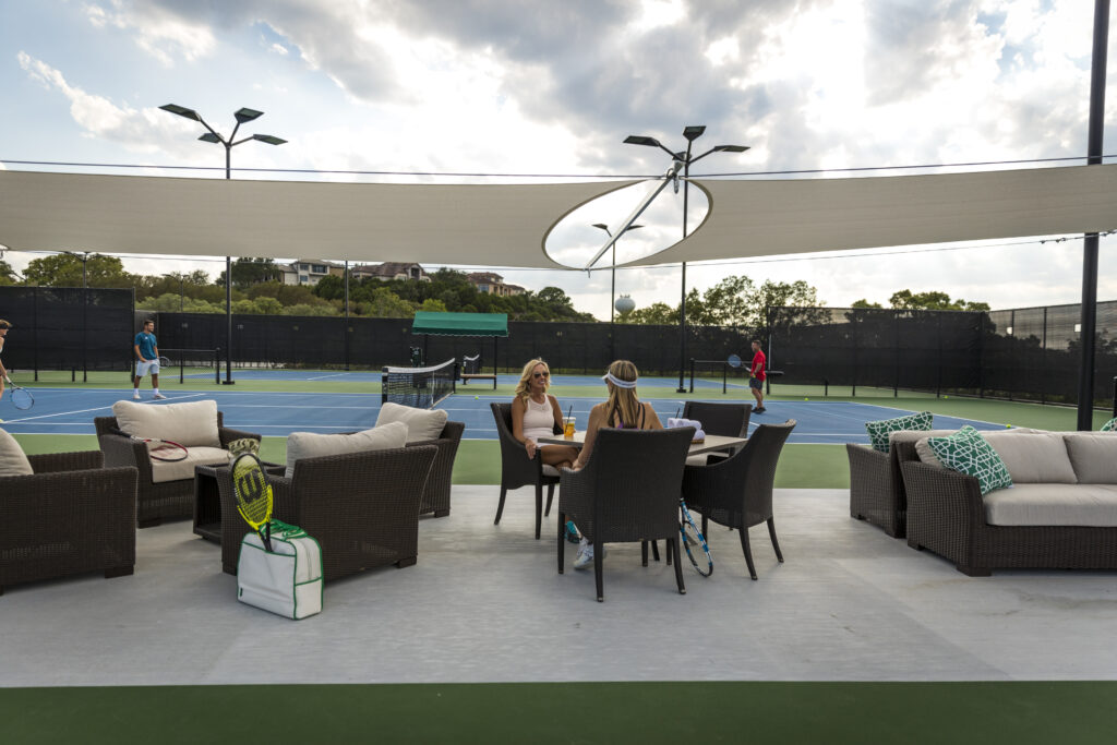 The property features 10 well-lit tennis courts.