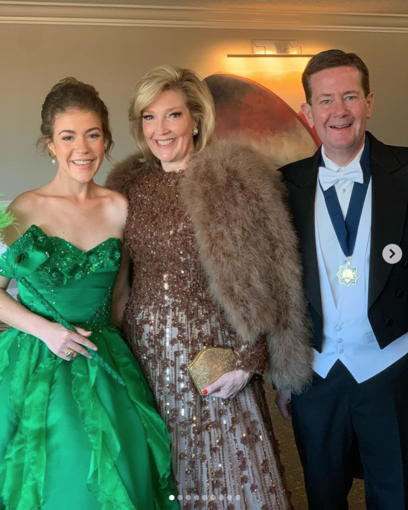 Duchess Mary Kate Smith, Kathryn & Jeff Smith at the 2023 Knights of Momus Coronation Ball in Galveston. (Instagram photo)