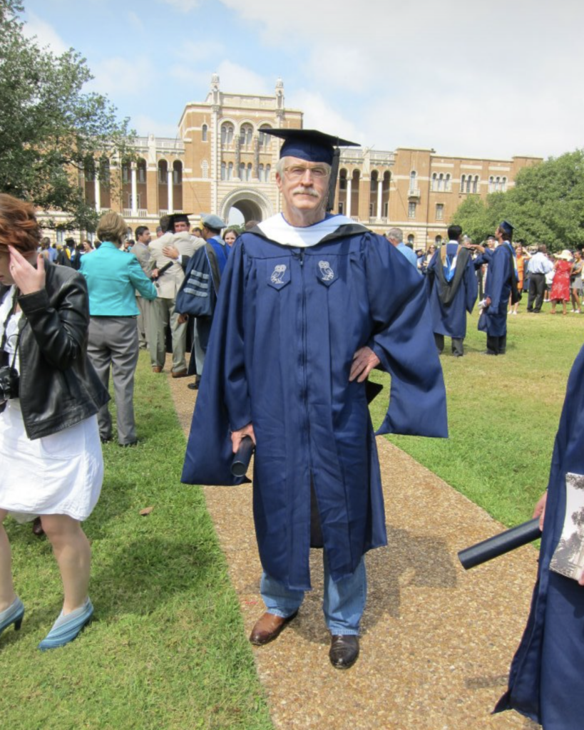 The artist in graduation attire, receiving his Masters in Liberal Arts at Rice, 2012 