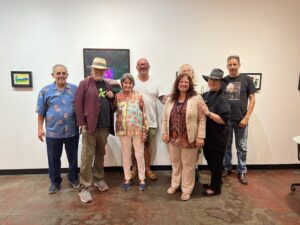 The Heights gang carries on: A J Vallone, Gus Kopriva, Beverley Gilbert, Jim Bagley, Doria Goldman, Micah Jackson, Michelle O’Michael, John Walker at the final show of gGSpot Contemporary, September 2023, for artist Dan Workman.