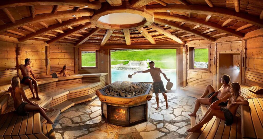 The Kaiser sauna at Stanglwirt hosts aromatherapy enhances sweat meditations each afternoon.