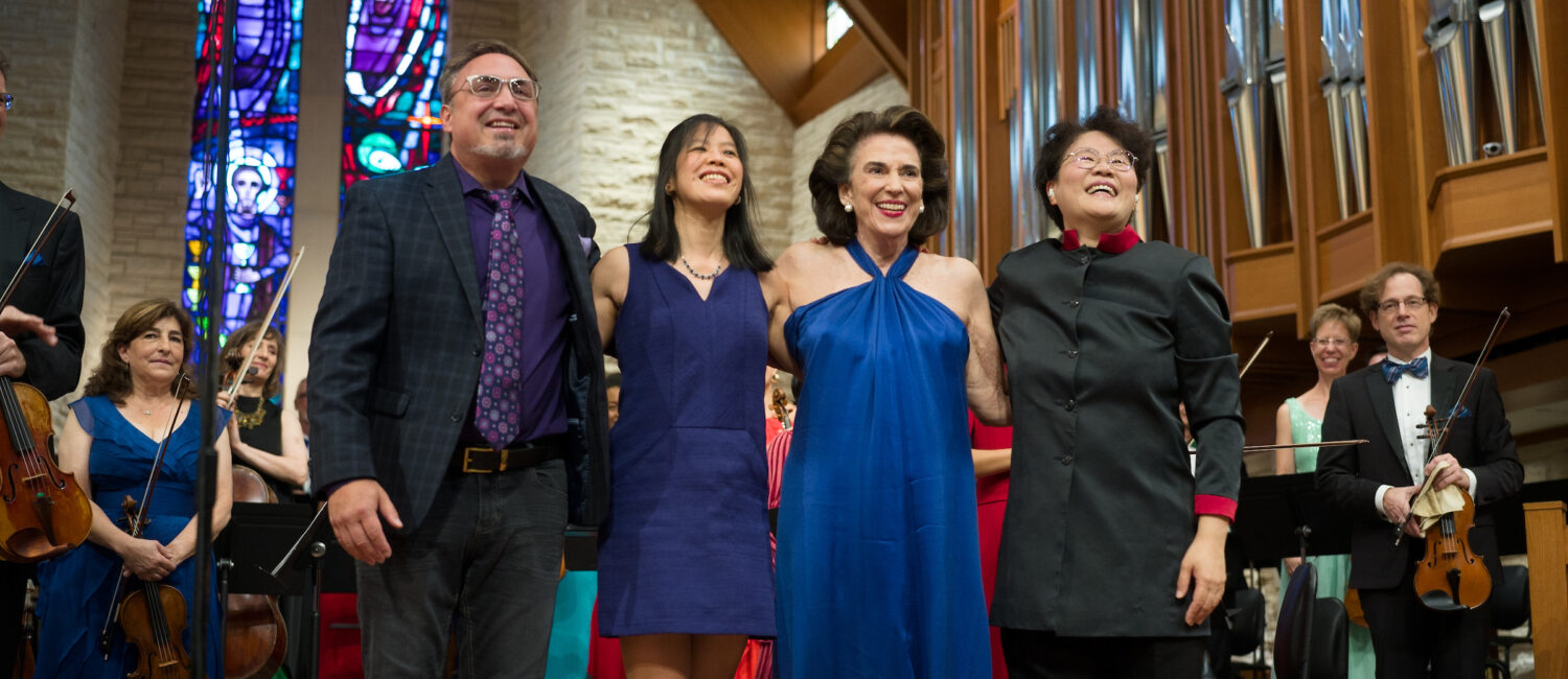1. Anthony DiLorenzo, composer, Cynthia Wong, animator, Lois Stark, author, and Conductor, Mei-Ann Chen at the premiere of Techtonal based on The Telling Image (Photo by Daniel Ortiz)