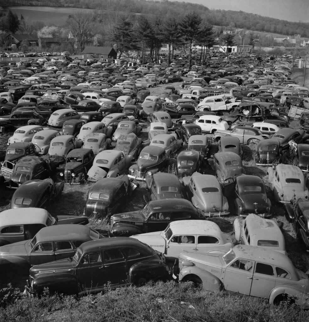 Todd Webb's "Wrecked Car Lot, Stoystown, PA," 1955, printed 2023, at the Museum of Fine Arts, Houston (Courtesy of Todd Webb Archive. © Todd Webb Archive.)
