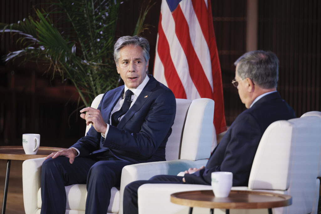 Secretary of State Anthony Blinken visits with David Satterfield, Rice University’s Baker Institute director, during a recent  Shell’s Distinguished Lecture Series at the institute. (Photo courtesy of Rice University’s Baker Institute for Public Policy)