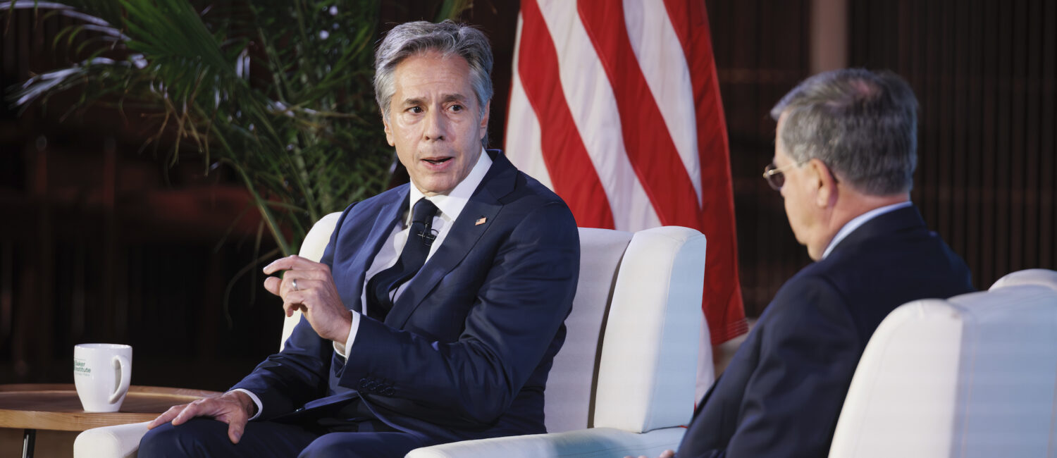Secretary of State Anthony Blinken visits with David Satterfield, Rice University’s Baker Institute director, during a recent  Shell’s Distinguished Lecture Series at the institute. (Photo courtesy of Rice University’s Baker Institute for Public Policy)