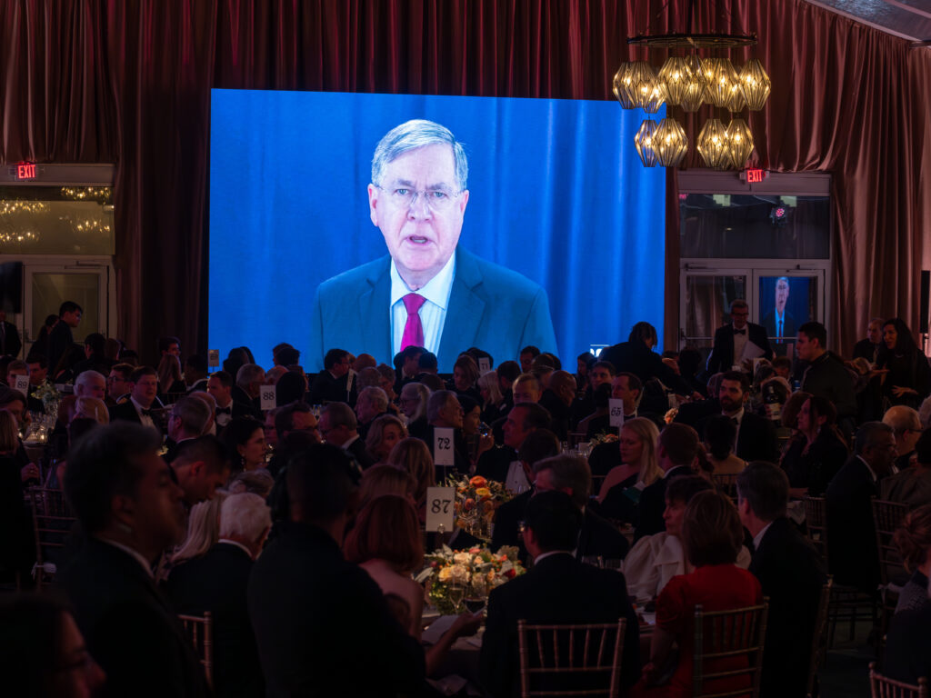 Ambassador David Satterfield welcomes, via video from the U.S. Embassy is Tel Aviv, guests to Rice University's Baker Institute's 30th Anniversary Gala. (Photo by Michael Stravato for the Baker Institute)