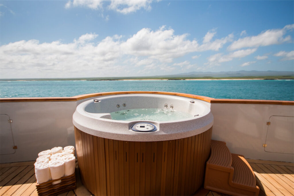 I found myself gazing online at the yacht’s sophisticated spaces and the on-board, roof deck jacuzzi.
