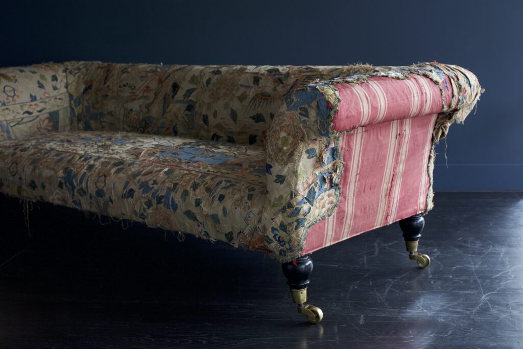 Reilly sofa upholstered with antique hand-embroidered manton de Manila at Blackman Cruz (Photo by Sidney Bensimon)