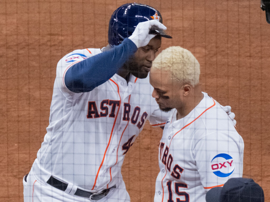 Whatever Yordan Alvarez says in the playoffs, Astros catcher Martin Maldonado knows to listen. (Photo by F. Carter Smith)