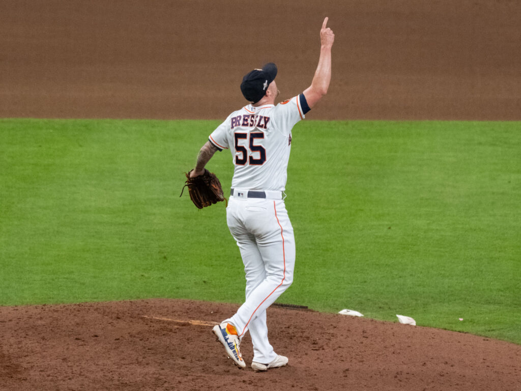 Astros closer Ryan Pressly points to the sky after every successful save. He's done a lot pf pointing in Houston. Justin Verlander started another Game 1 for the Astros. (Photo by F. Carter Smith)
